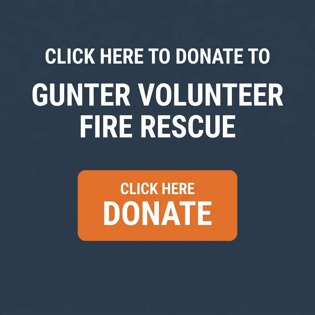 Graphic reading “CLICK HERE TO DONATE TO GUNTER VOLUNTEER FIRE RESCUE” with firefighters and fire engines.